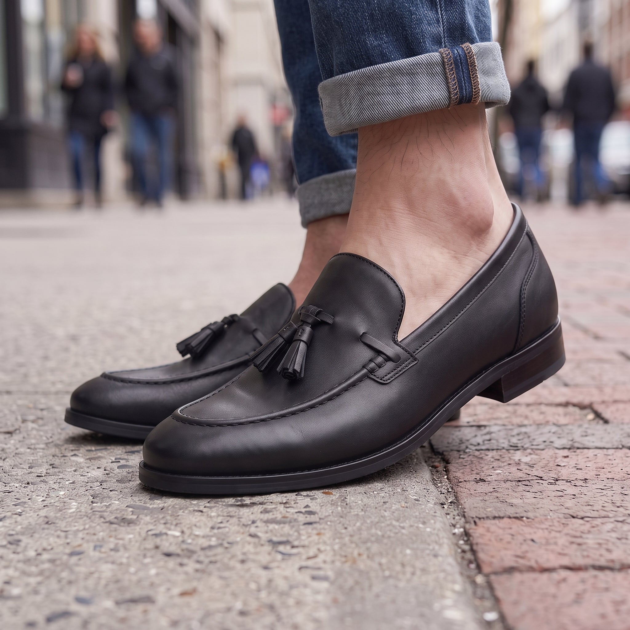 Men's Black Apron-Toe Leather Tassel Loafers — Bashall