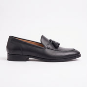 Men's Black Apron-Toe Leather Tassel Loafers — Bashall
