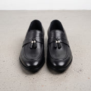 Men's Black Apron-Toe Leather Tassel Loafers — Baxter