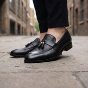 Men's Black Apron-Toe Leather Tassel Loafers — Baxter