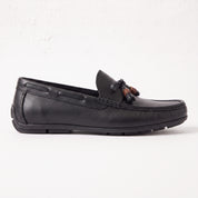 Men's Black Apron-Toe Leather Tassel Loafers — Birtley