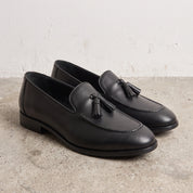 Men's Black Apron-Toe Leather Tassel Loafers — Harries