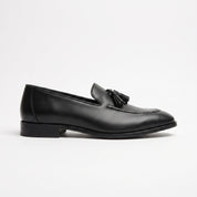 Men's Black Apron-Toe Leather Tassel Loafers — Harries