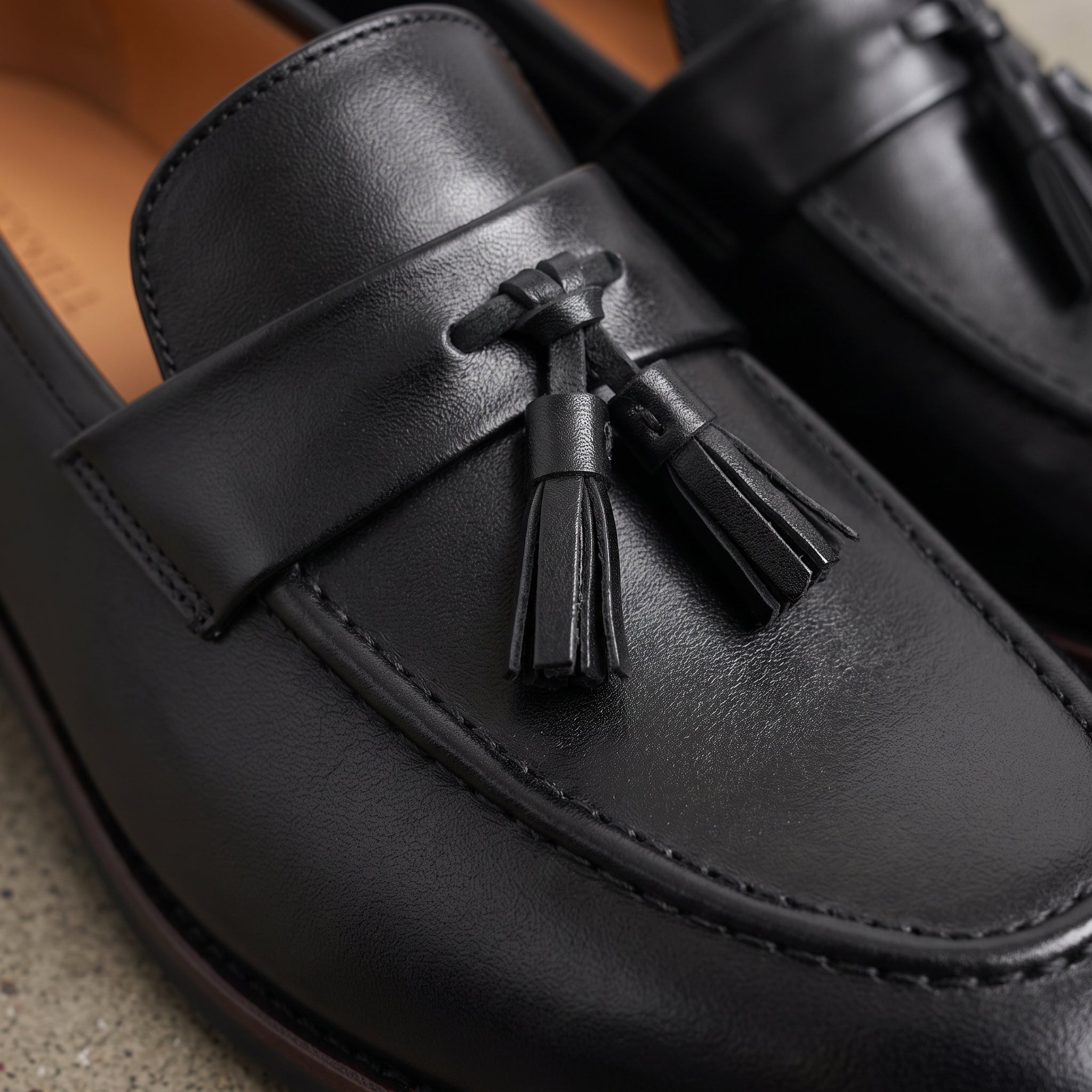 Men's Black Apron-Toe Leather Tassel Loafers — Meynell