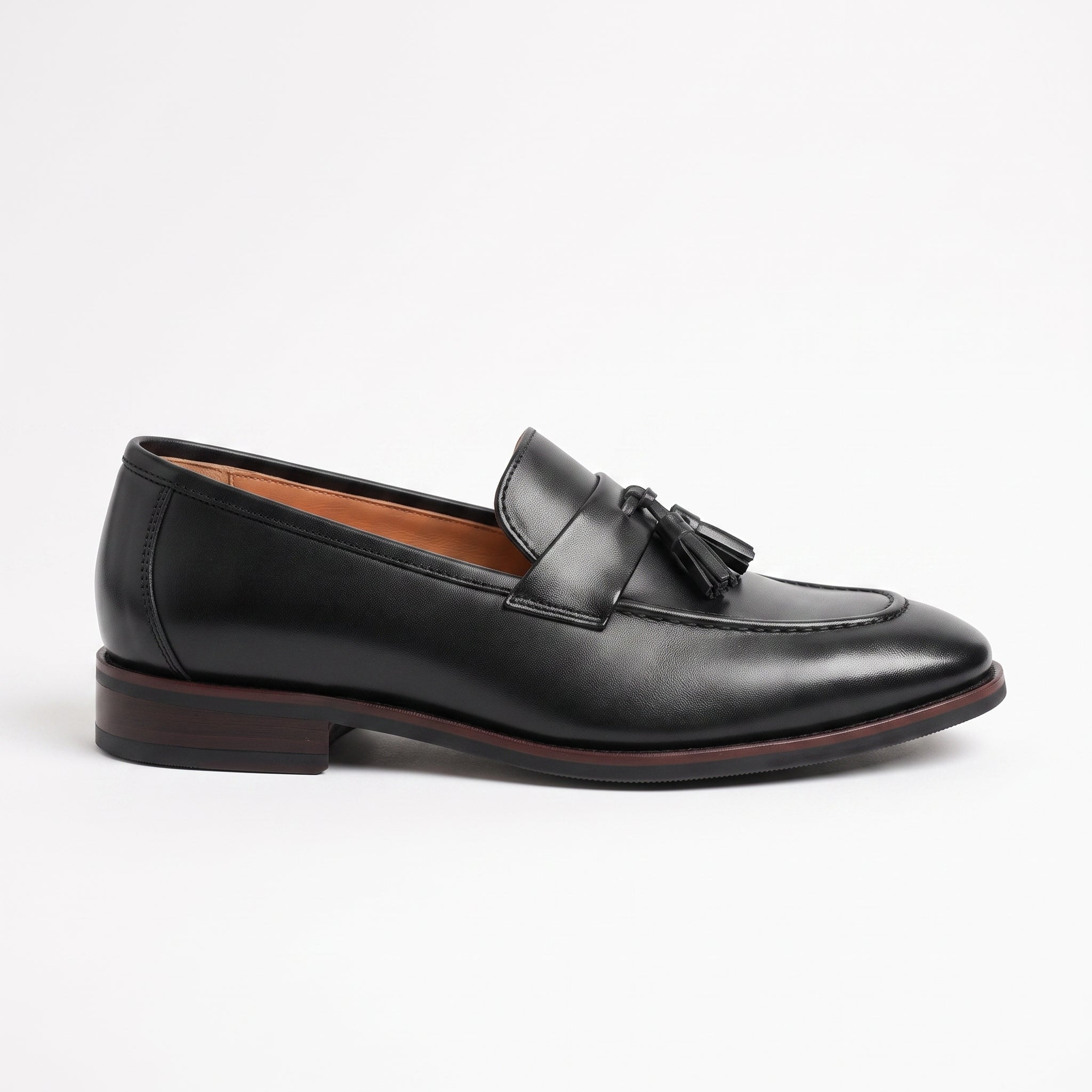 Men's Black Apron-Toe Leather Tassel Loafers — Meynell