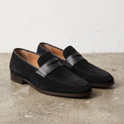 Men's Black Apron-Toe Suede Penny Loafers — Collyer