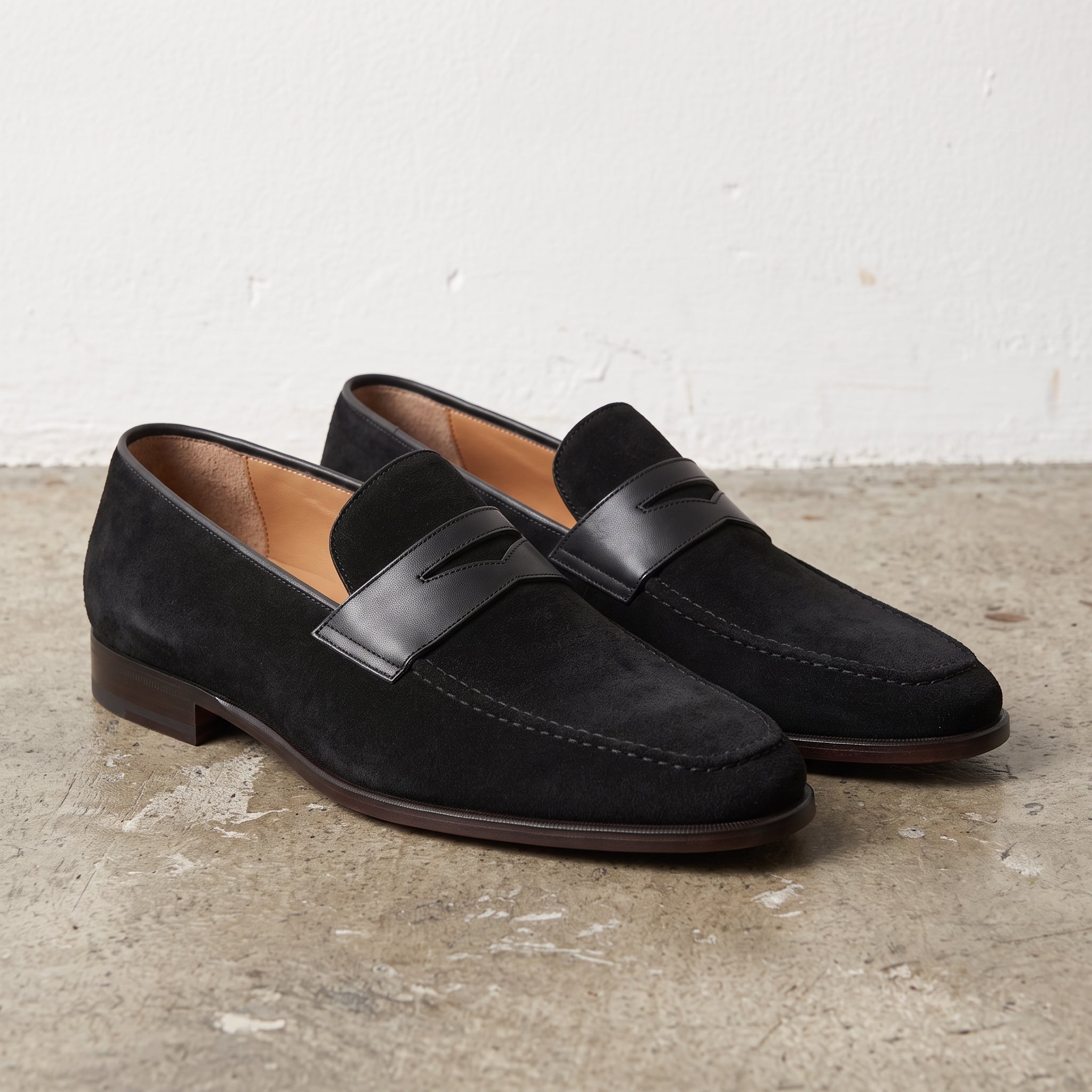 Men's Black Apron-Toe Suede Penny Loafers — Collyer