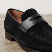 Men's Black Apron-Toe Suede Penny Loafers — Collyer