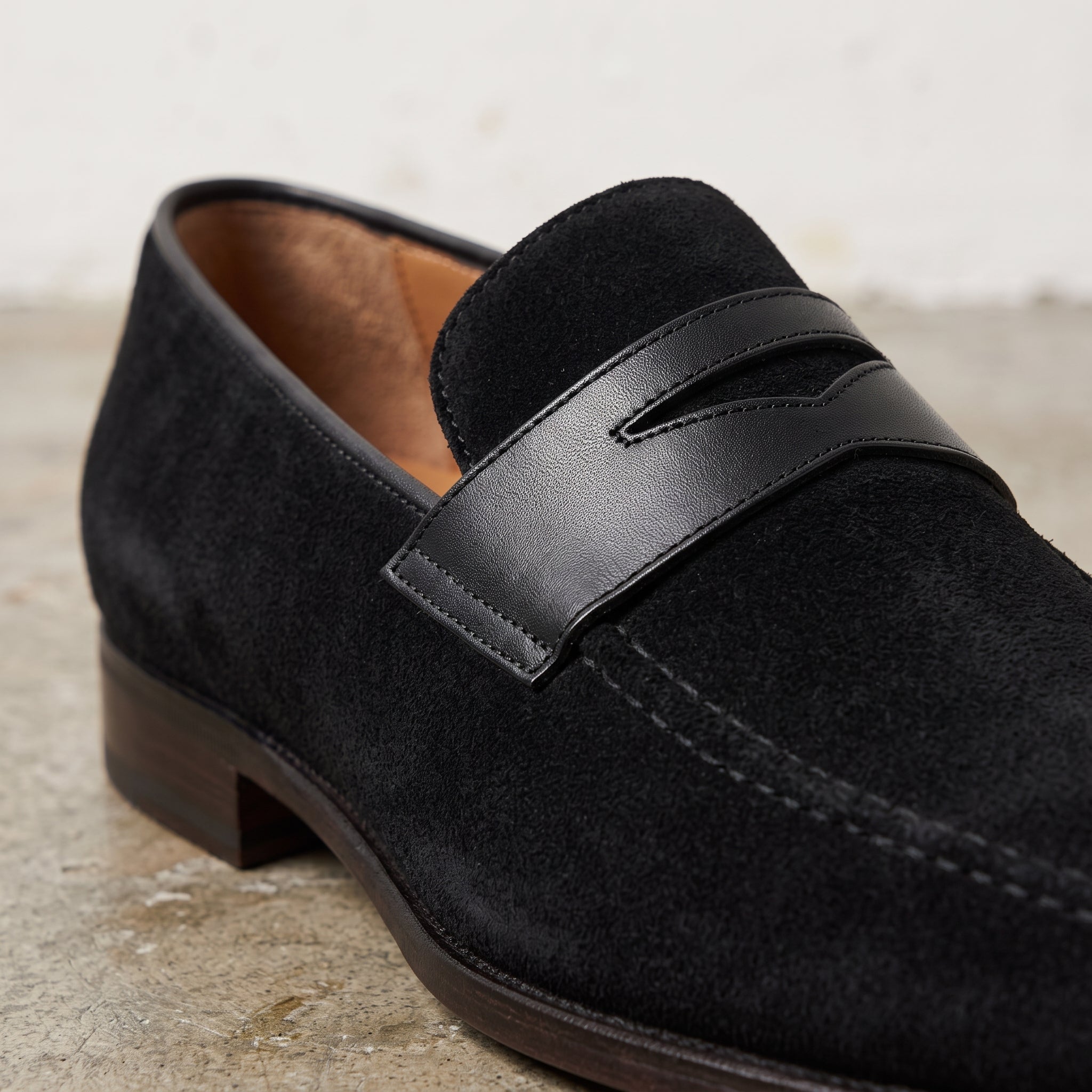 Men's Black Apron-Toe Suede Penny Loafers — Collyer