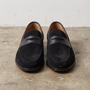 Men's Black Apron-Toe Suede Penny Loafers — Collyer
