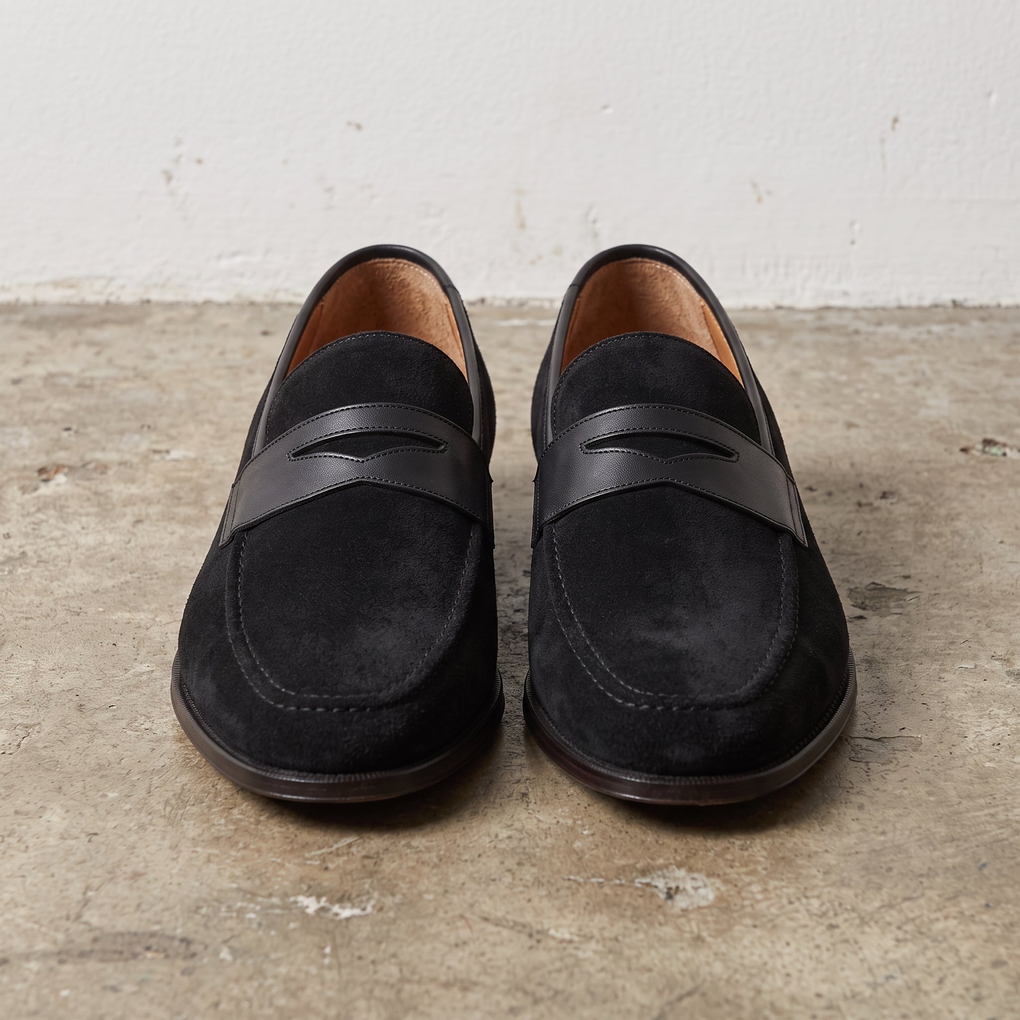 Men's Black Apron-Toe Suede Penny Loafers — Collyer