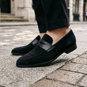 Men's Black Apron-Toe Suede Penny Loafers — Collyer