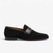 Men's Black Apron-Toe Suede Penny Loafers — Collyer