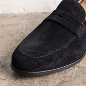 Men's Black Apron-Toe Suede Penny Loafers — Weatherby