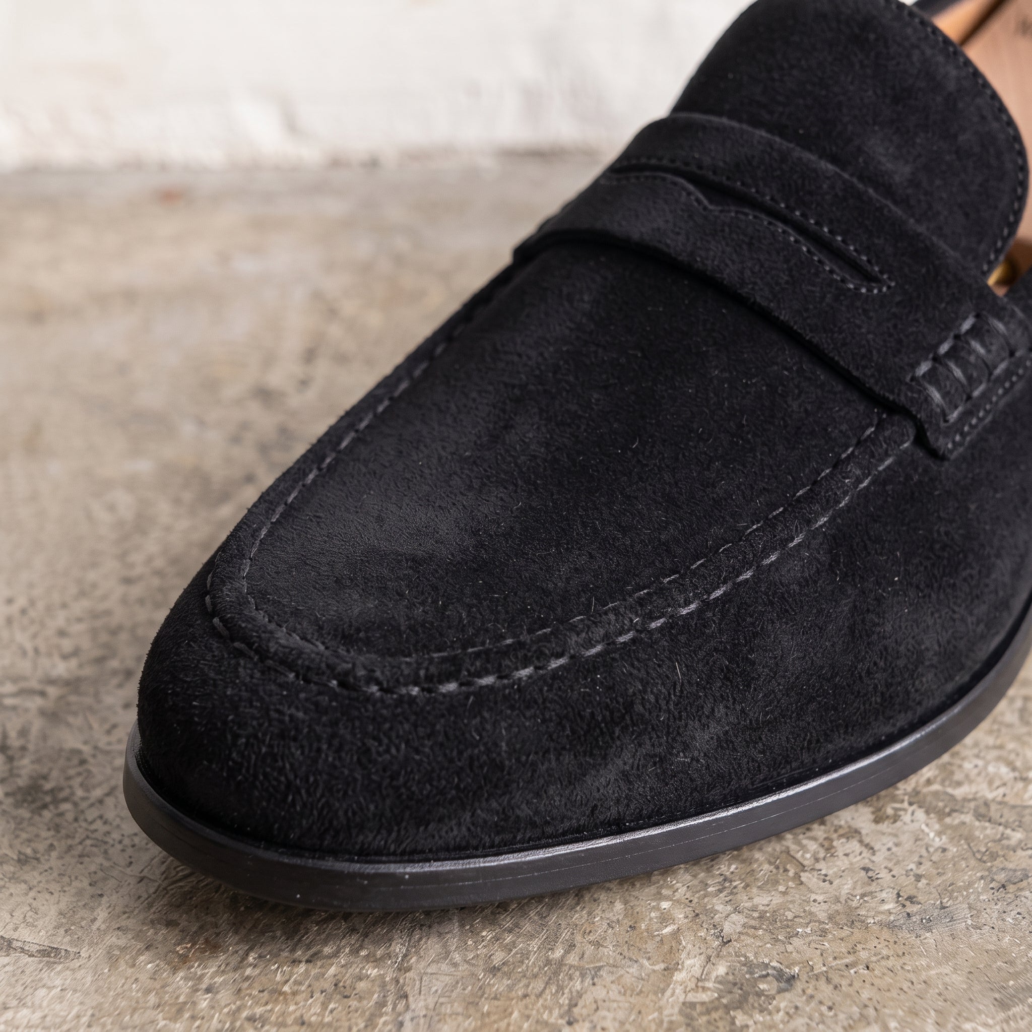 Men's Black Apron-Toe Suede Penny Loafers — Weatherby