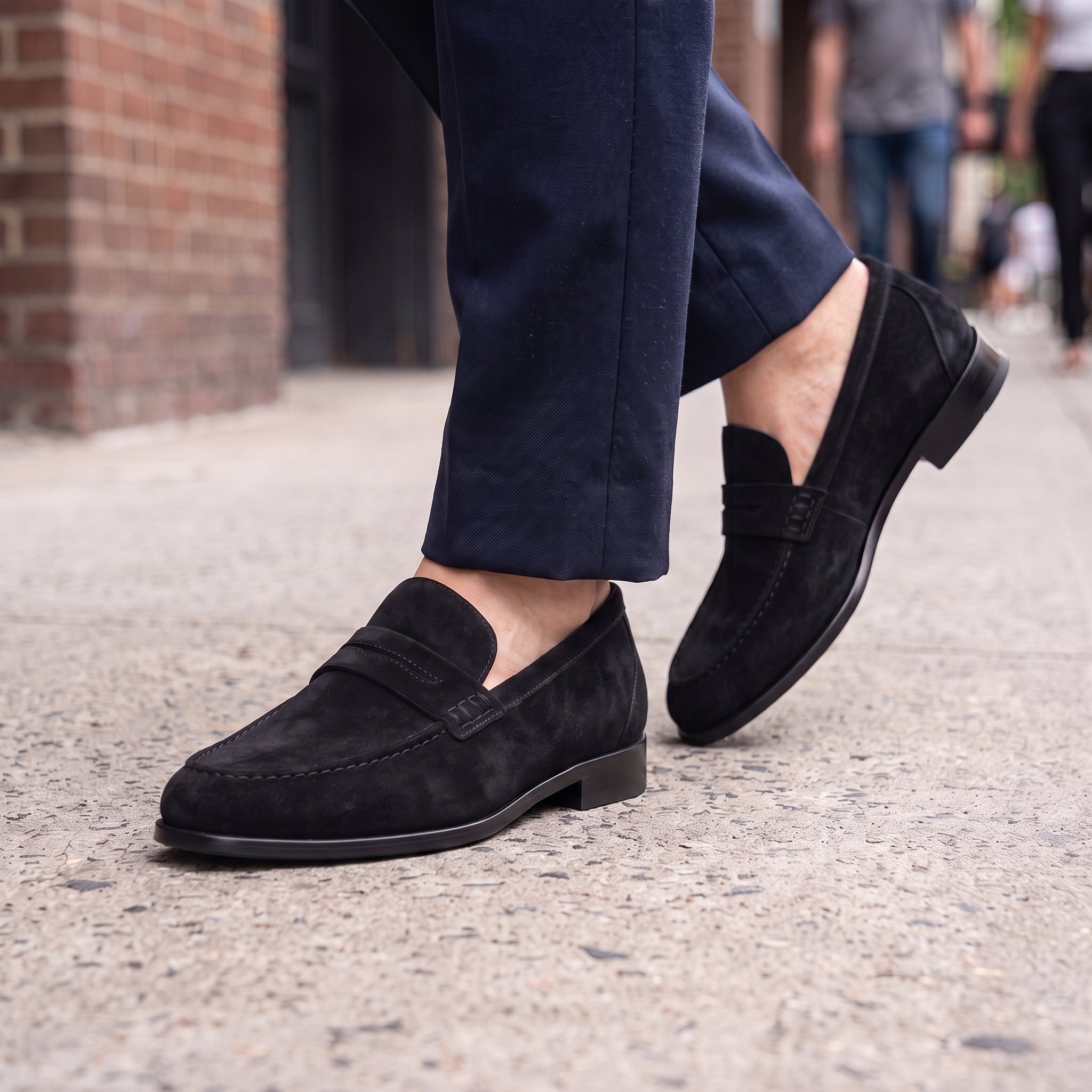 Men's Black Apron-Toe Suede Penny Loafers — Weatherby