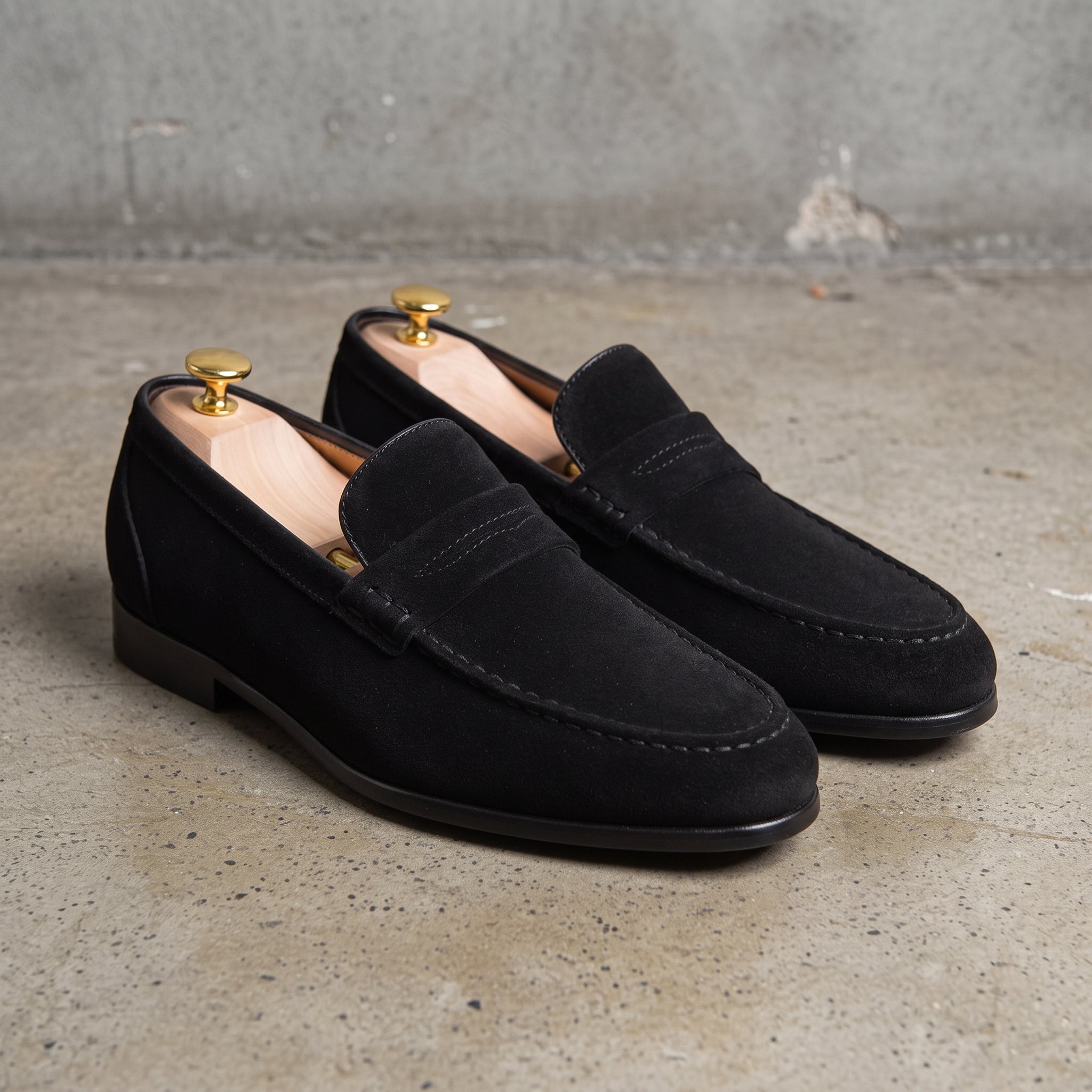 Men's Black Apron-Toe Suede Penny Loafers — Weatherby
