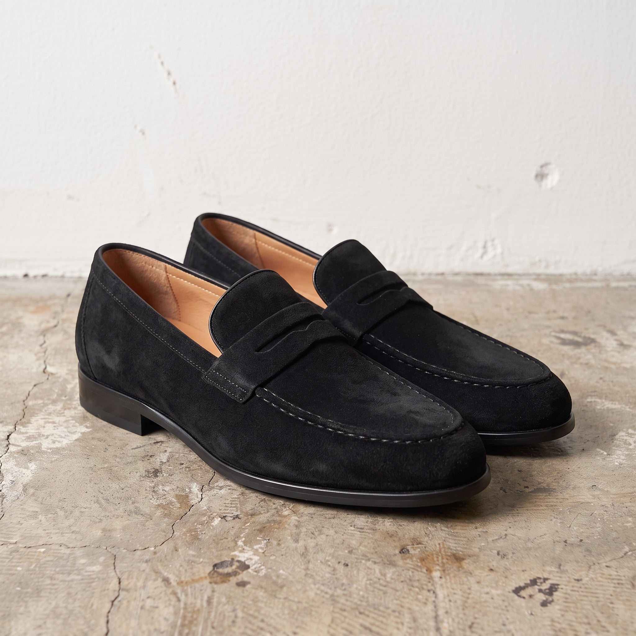 Men's Black Apron-Toe Suede Penny Loafers — Weatherby