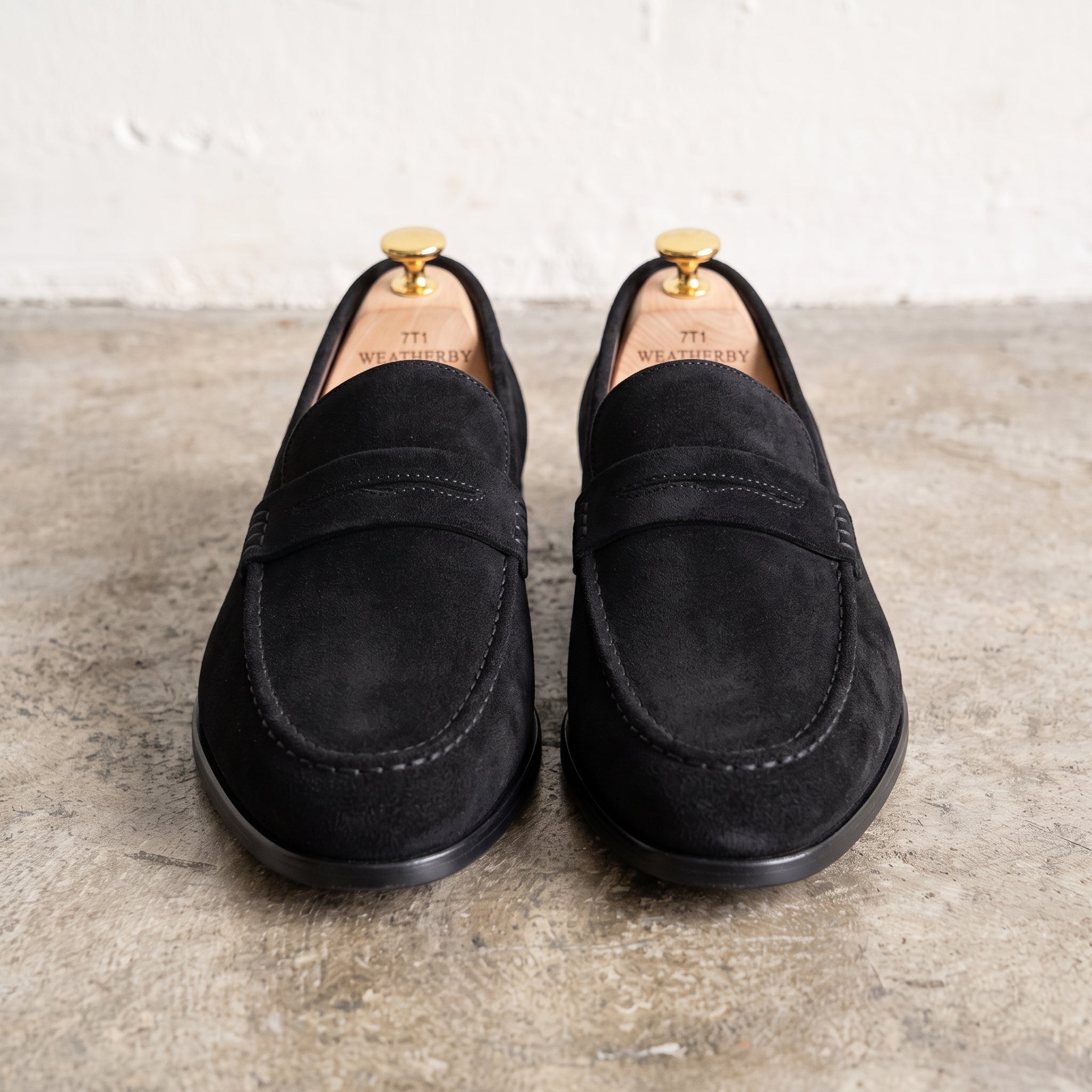 Men's Black Apron-Toe Suede Penny Loafers — Weatherby
