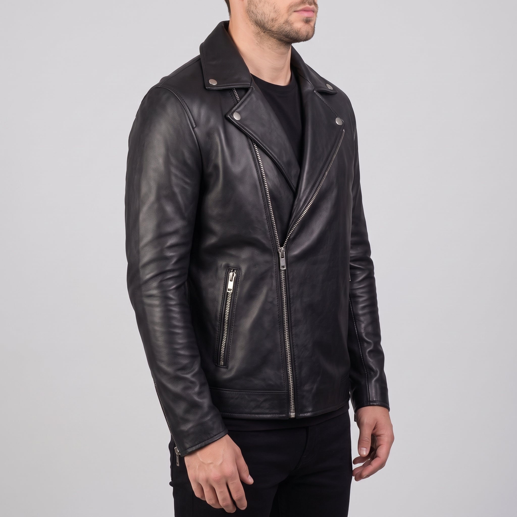 Men's Black Leather Biker Jacket — Claverley