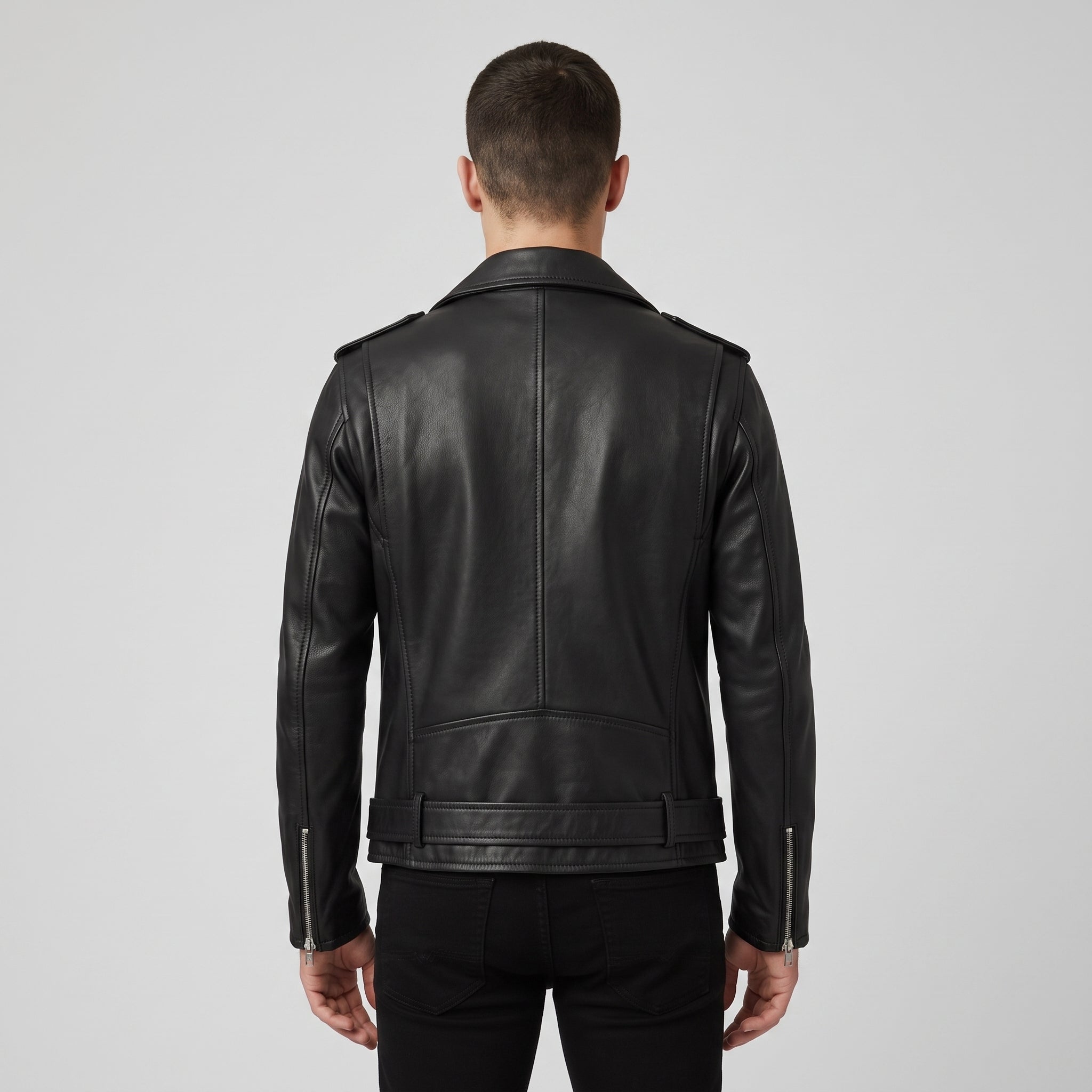 Men's Black Belted Leather Biker Jacket — Avening