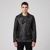 Men's Black Belted Leather Biker Jacket — Avening