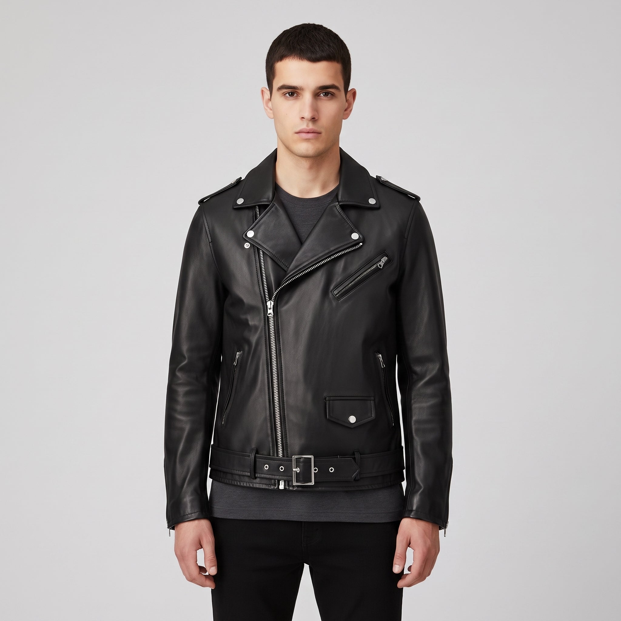 Men's Black Belted Leather Biker Jacket — Avening