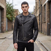 Men's Black Belted Leather Biker Jacket — Avening