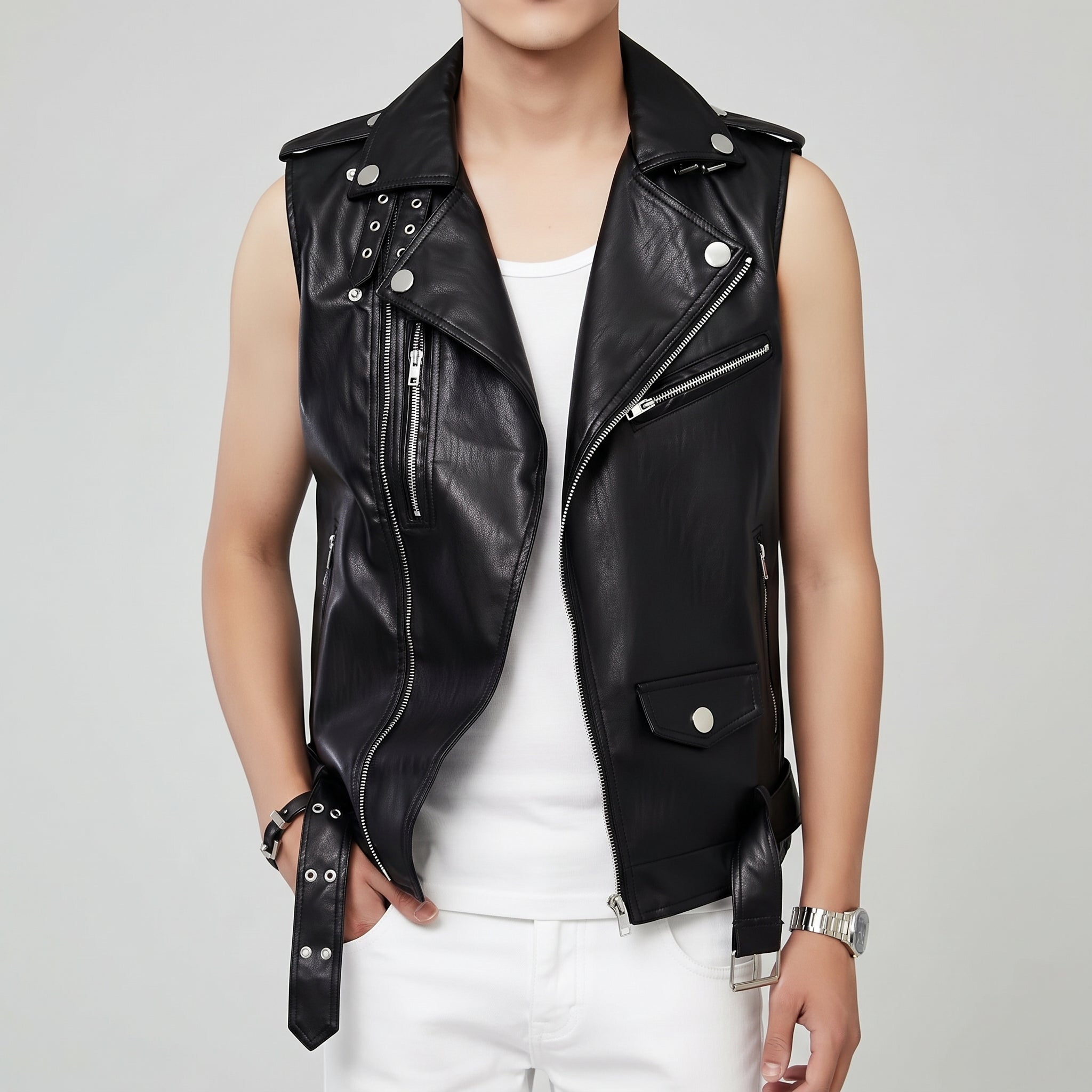 Men's Black Belted Leather Perfecto Biker Jacket — Loxley