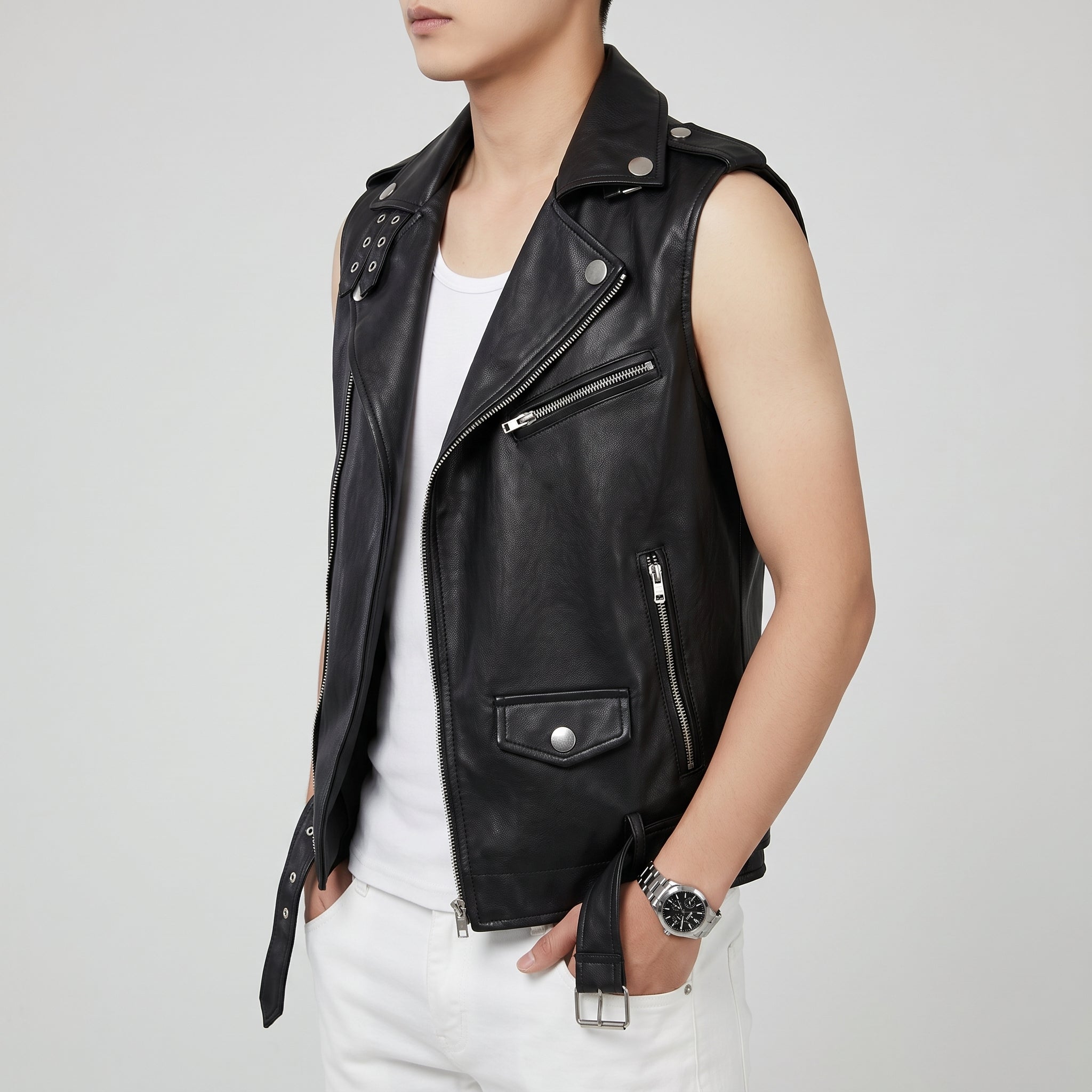 Men's Black Belted Leather Perfecto Biker Jacket — Loxley