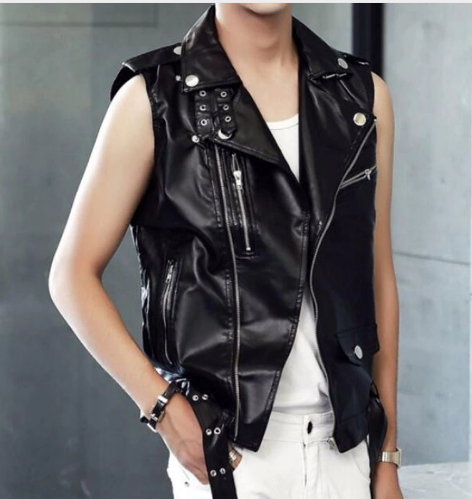 Mens Black Belted Leather Jacket, Men Black leather Vest, Mens biker Jacket