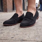 Men's Black Suede Apron-Toe Penny Loafers — Bellingham