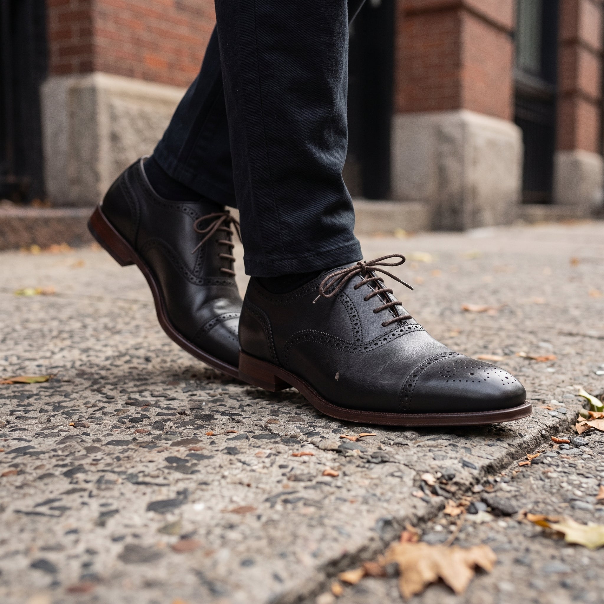 Men's Black Cap-Toe Brogue Leather Oxfords — Earlham
