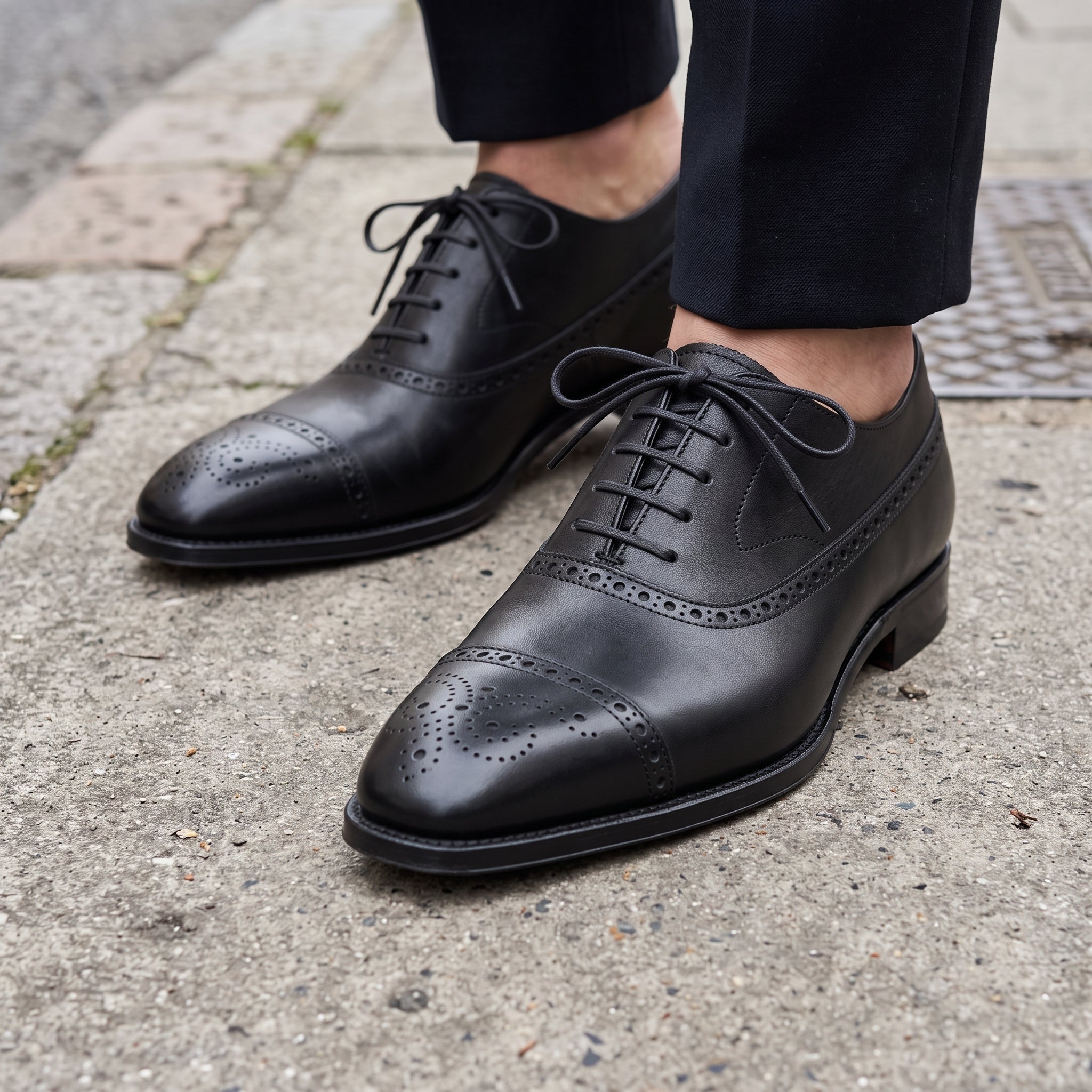 Men's Black Cap-Toe Brogue Leather Oxfords — Glaven