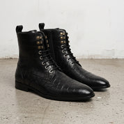 Men's Black Crocodile-Embossed Leather Lace-Up Boots — Alderton