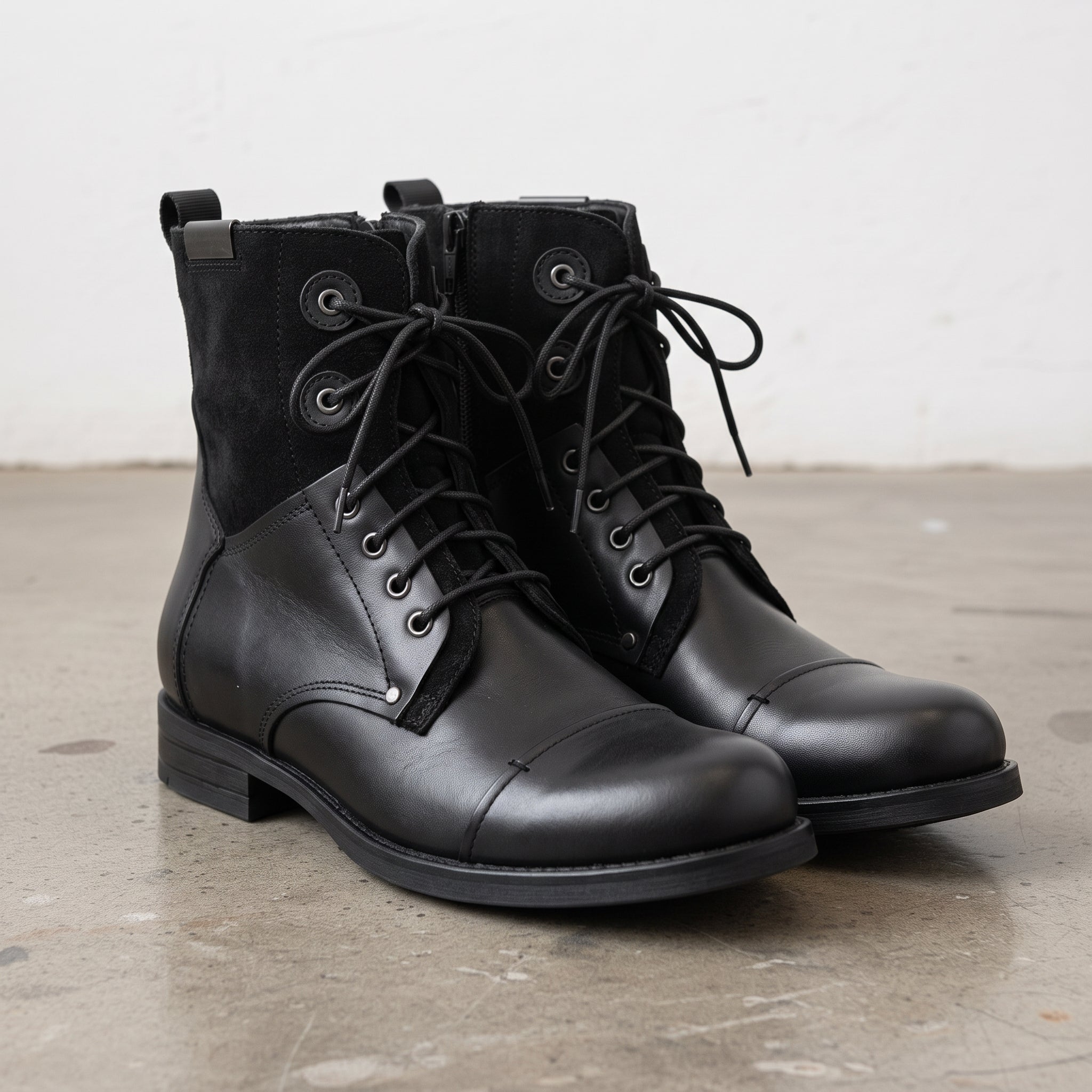 Men's Black Cap-Toe Leather and Canvas Combat Boots — Dawe