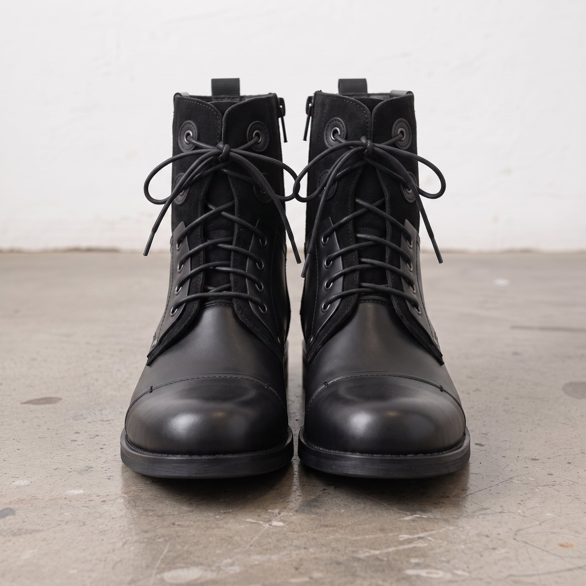 Men's Black Cap-Toe Leather and Canvas Combat Boots — Dawe