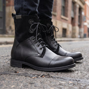 Men's Black Cap-Toe Leather and Canvas Combat Boots — Dawe