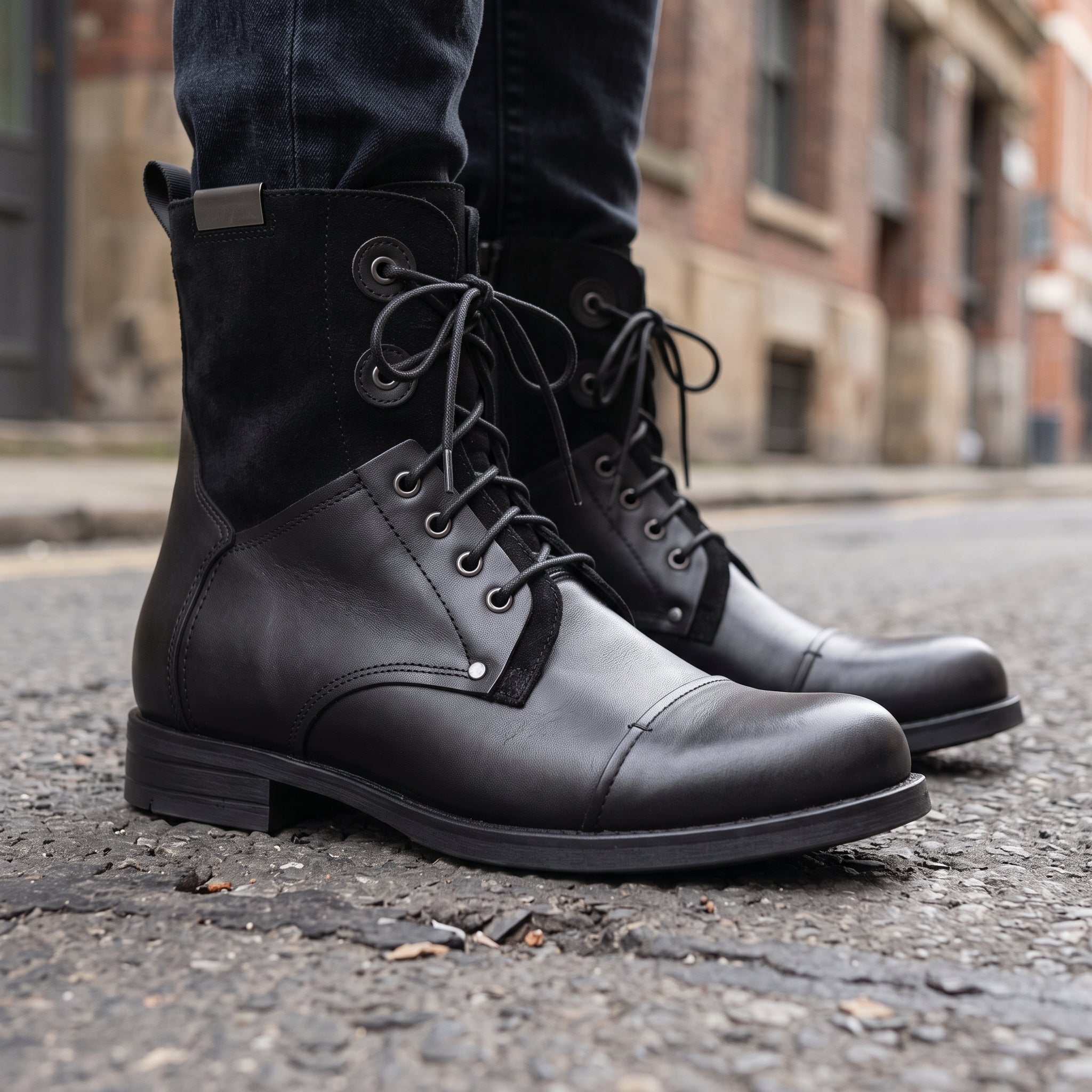 Men's Black Cap-Toe Leather and Canvas Combat Boots — Dawe