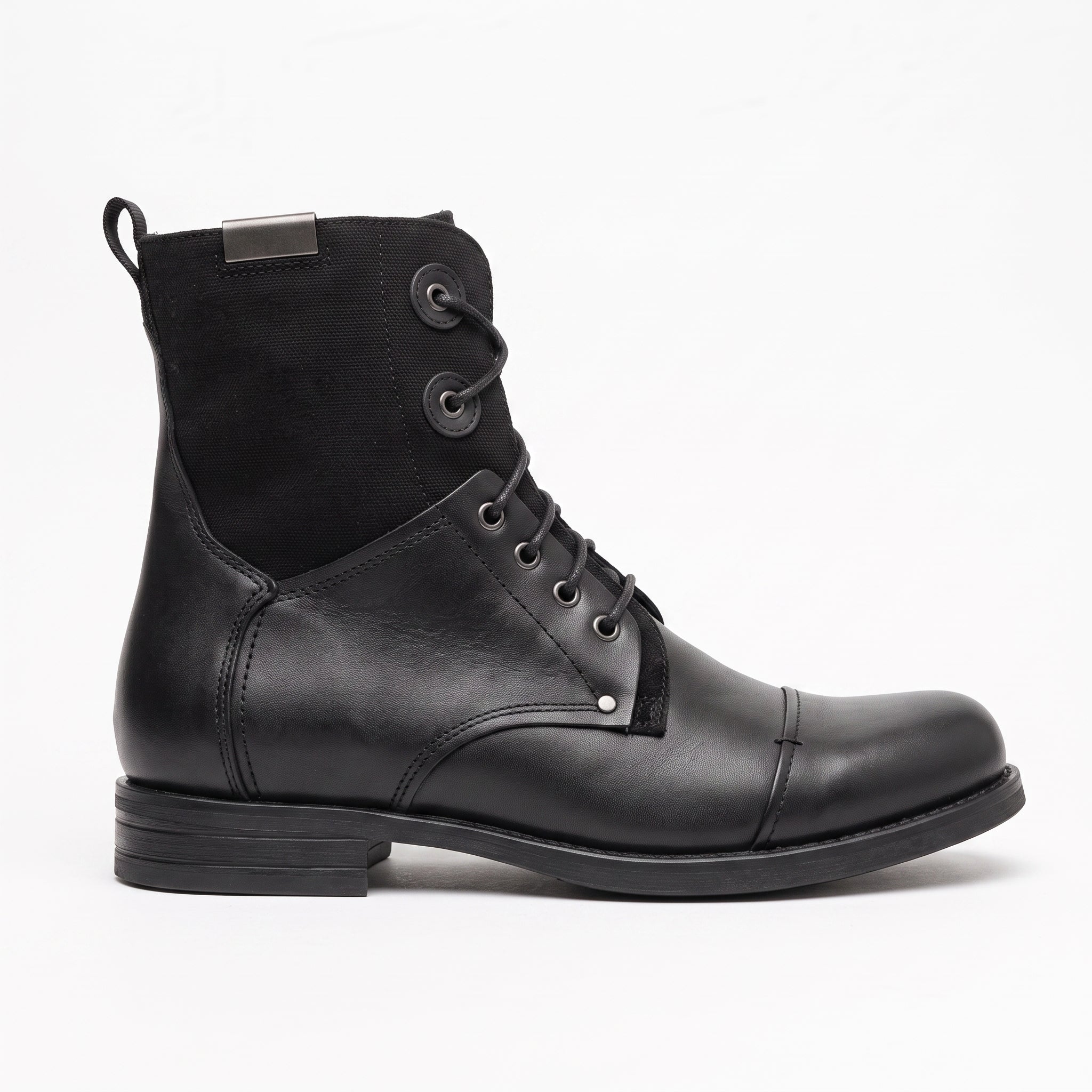 Men's Black Cap-Toe Leather and Canvas Combat Boots — Dawe