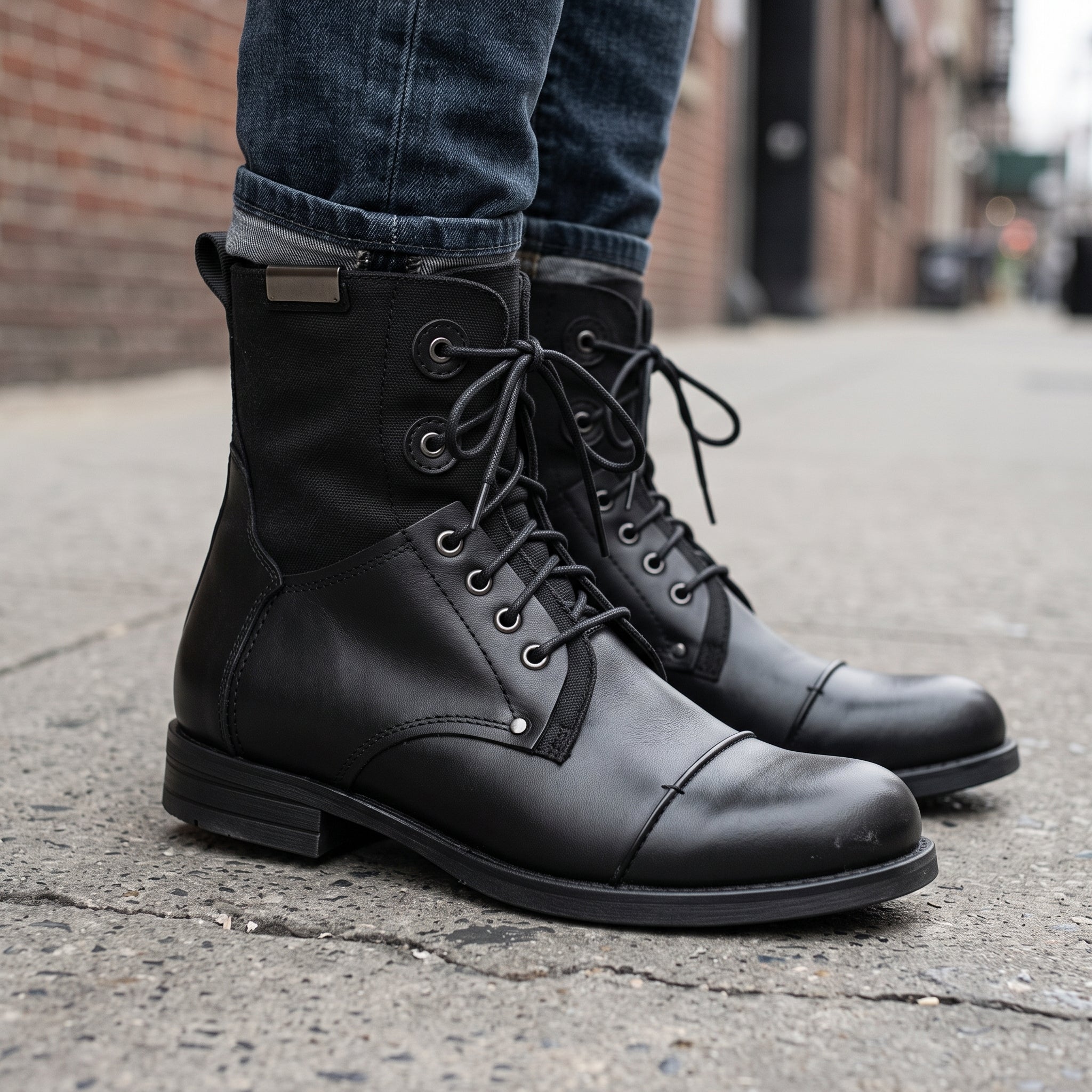 Men's Black Cap-Toe Leather and Canvas Combat Boots — Dawe