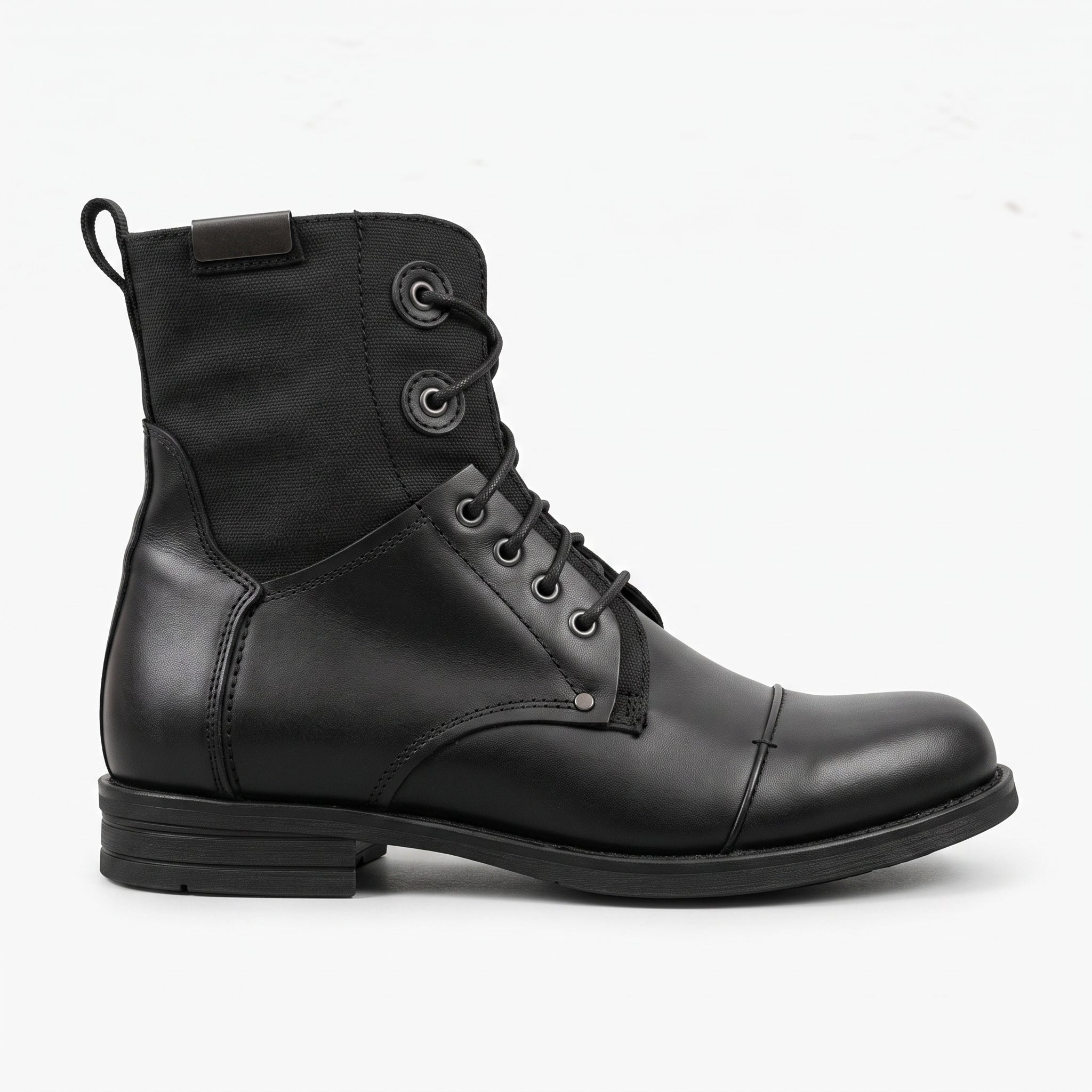 Men's Black Cap-Toe Leather and Canvas Combat Boots — Dawe
