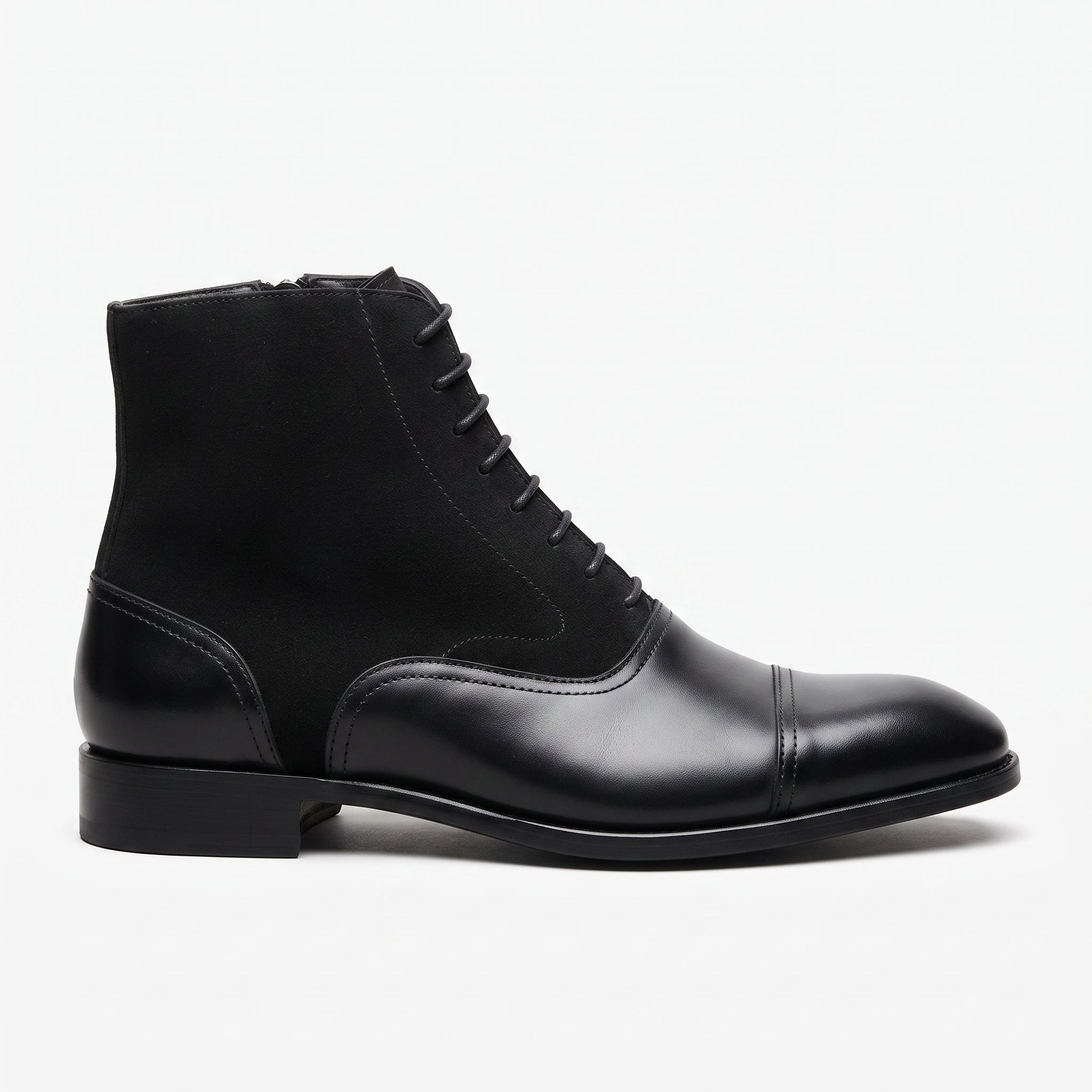 Men's Black Cap-Toe Leather and Suede Balmoral Boots — Hurleston