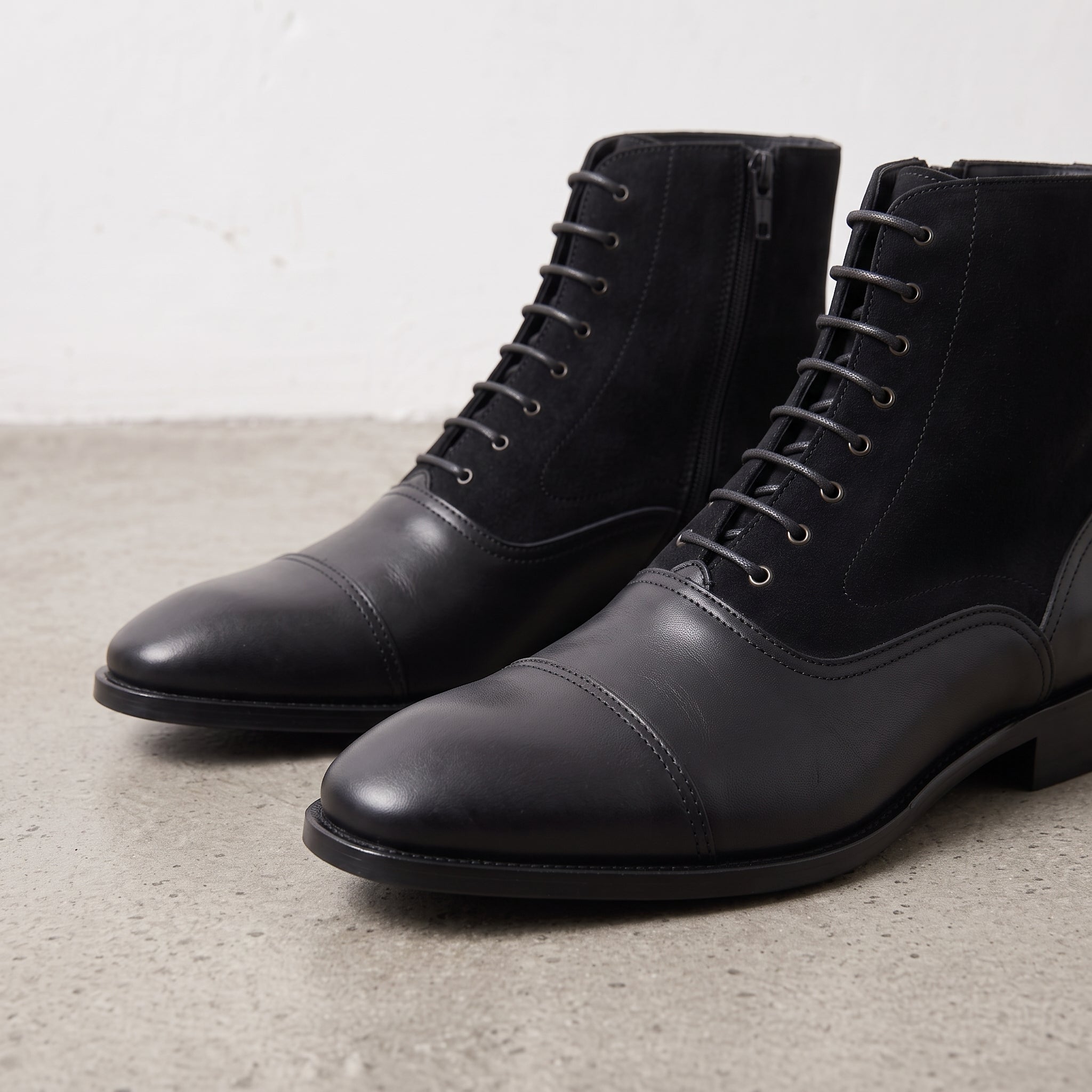 Men's Black Cap-Toe Leather and Suede Balmoral Boots — Hurleston