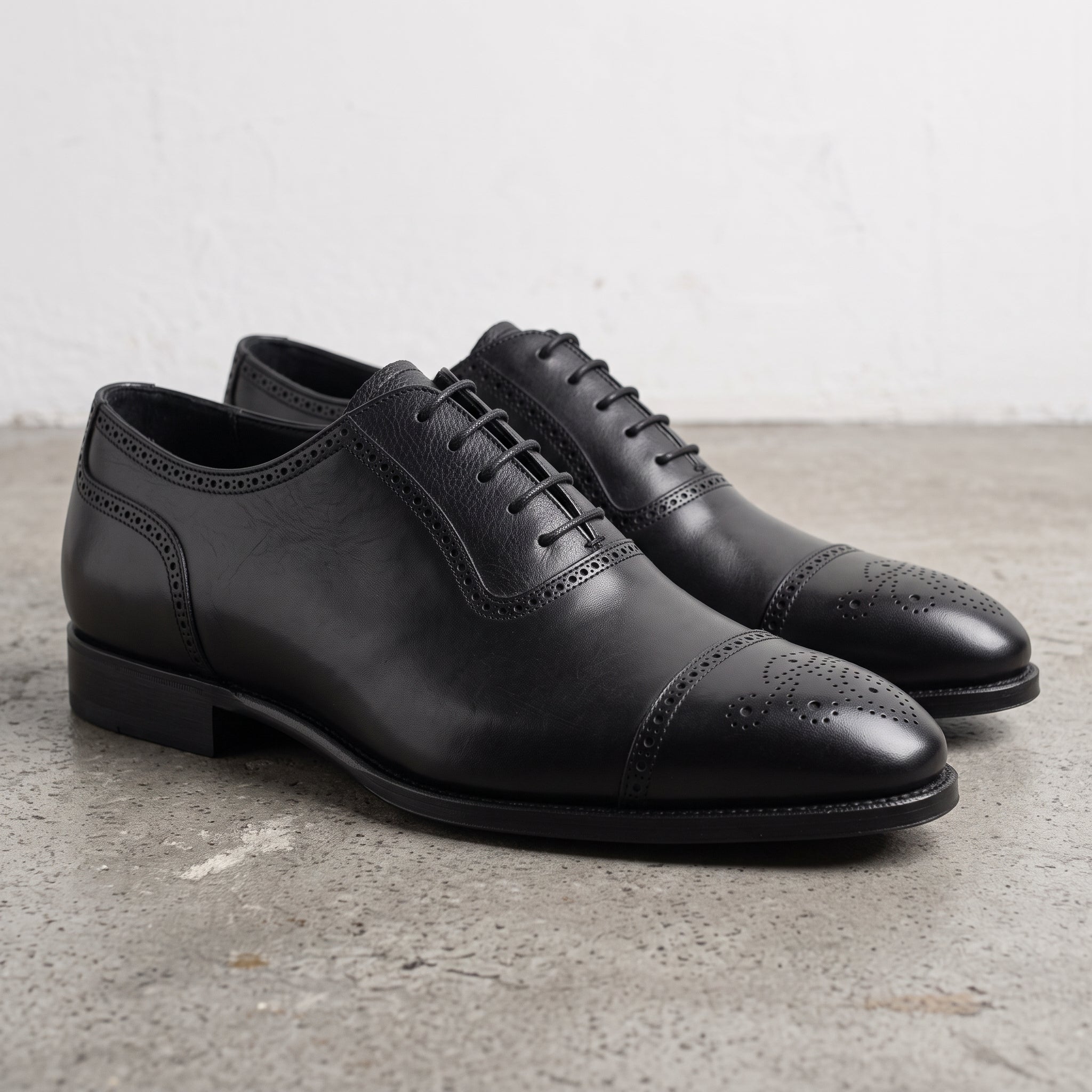 Men's Black Cap-Toe Pebbled Leather Brogue Oxfords — Faversham
