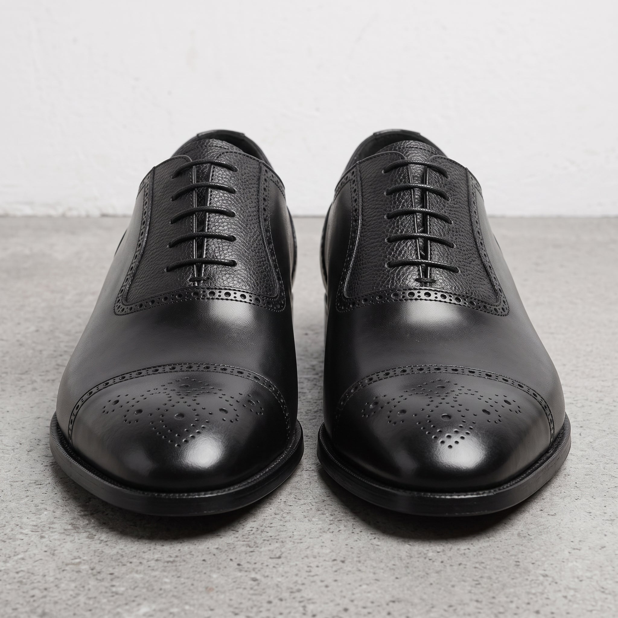 Men's Black Cap-Toe Pebbled Leather Brogue Oxfords — Faversham