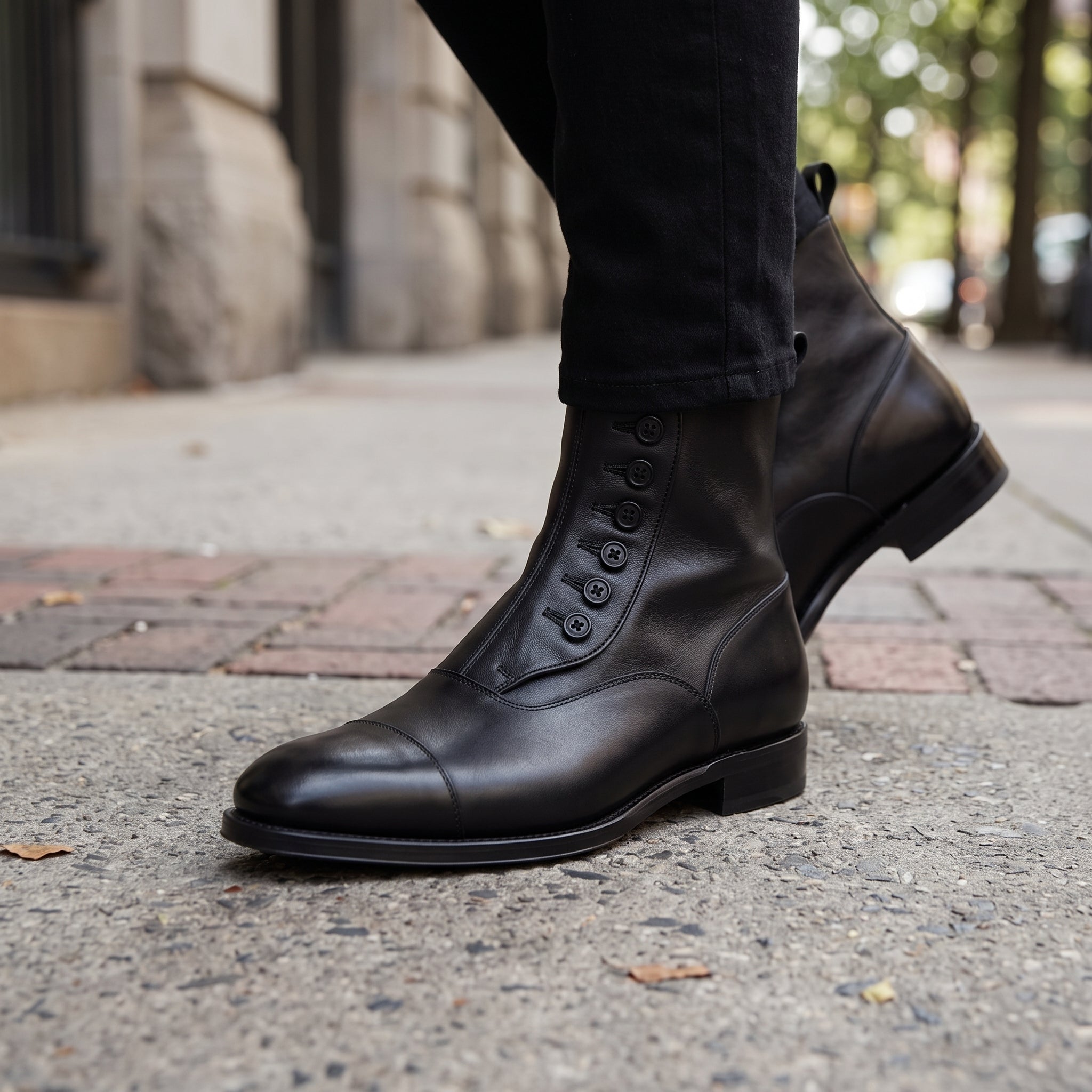 Men's Black Cap-Toe Leather Button Boots — Attleborough