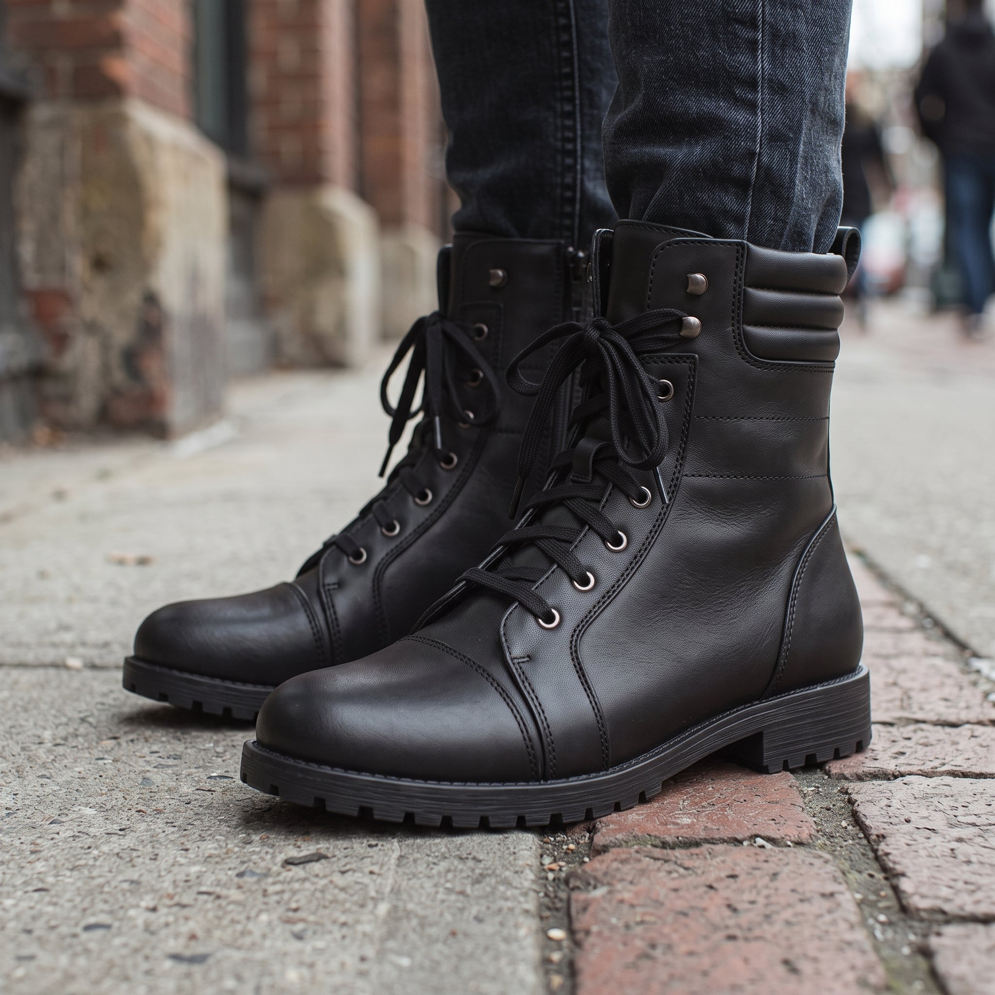 Men's Black Cap-Toe Leather Combat Boots — Storey