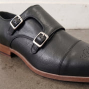 Men's Black Cap-Toe Leather Double Monk Strap Shoes — Ardleigh