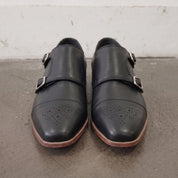 Men's Black Cap-Toe Leather Double Monk Strap Shoes — Ardleigh